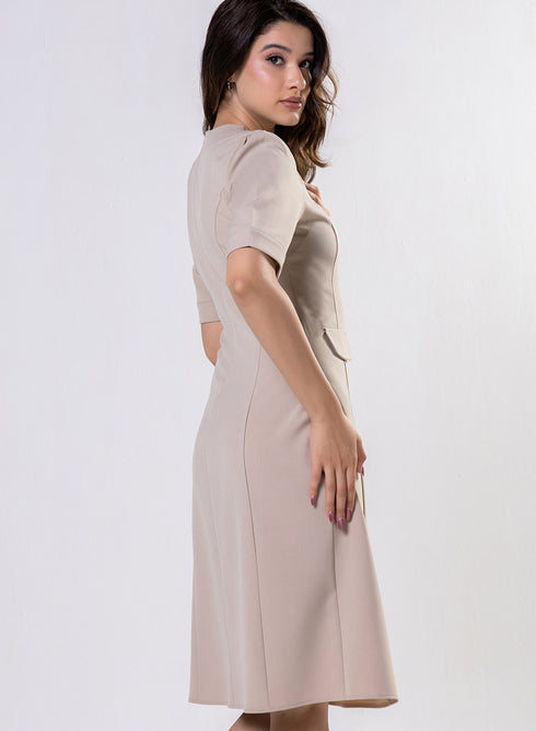 Round Neck Shift Dress With Flaps-Beige